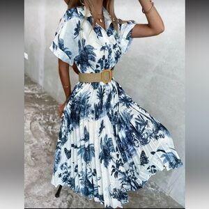 Button Front Pleated Hem Elegant Blue and White Floral Dress
